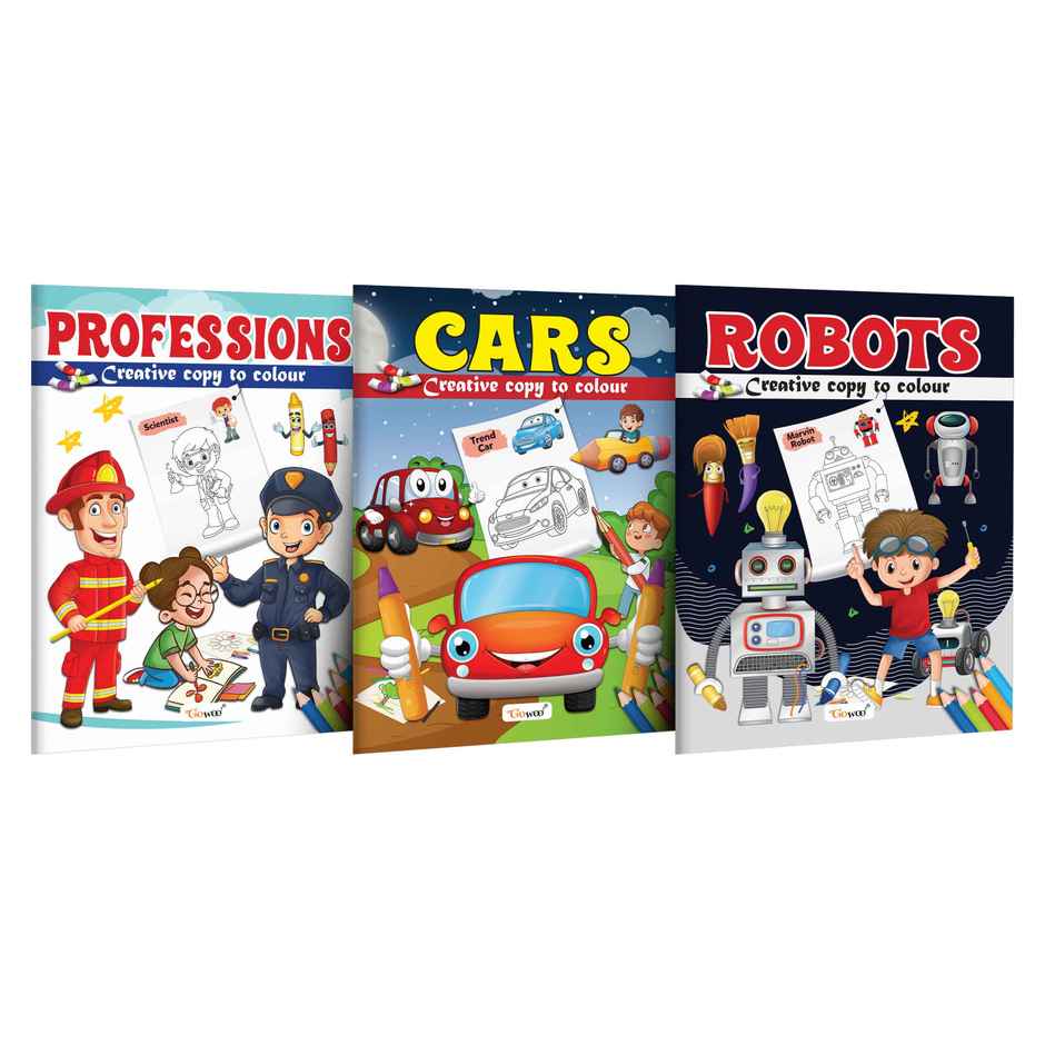 Professions | Cars and Robot - Creative Copy to Colour Book - Kids Colouring Book | Combo of 3