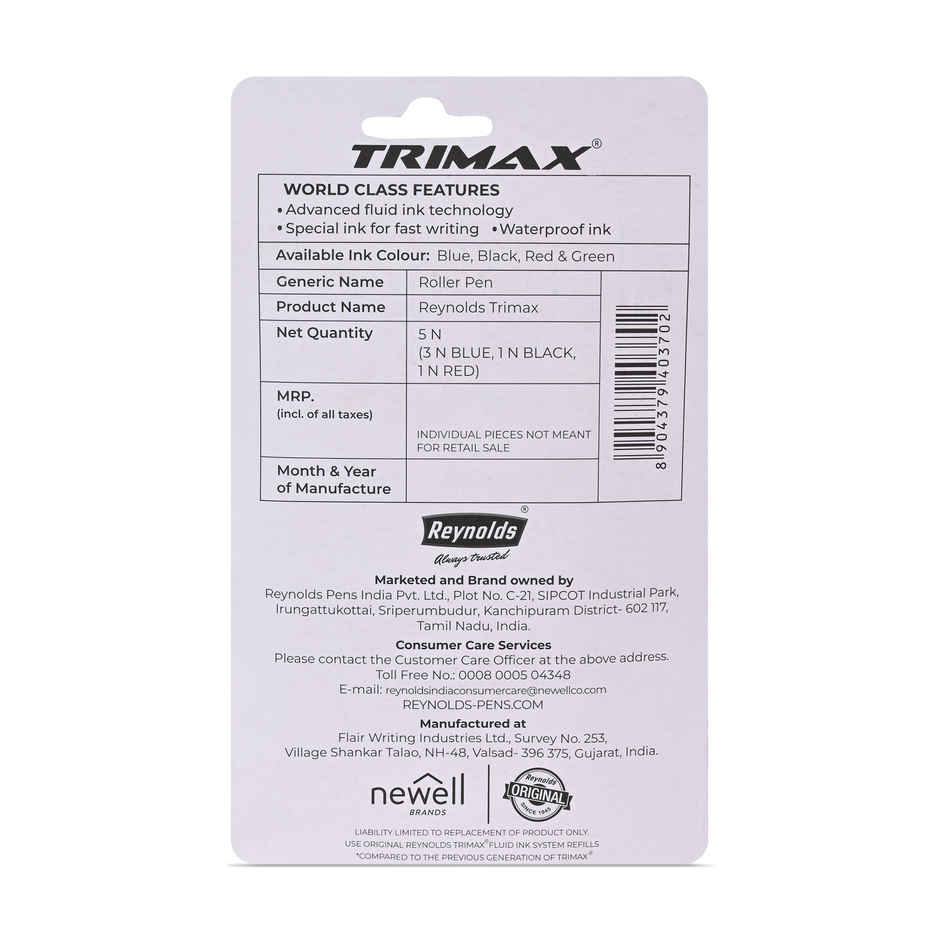 Reynolds Trimax Roller Ball Pen Set (5 Pens - 3 Blue Pens; 1 Black Pen; 1 Red Pen )