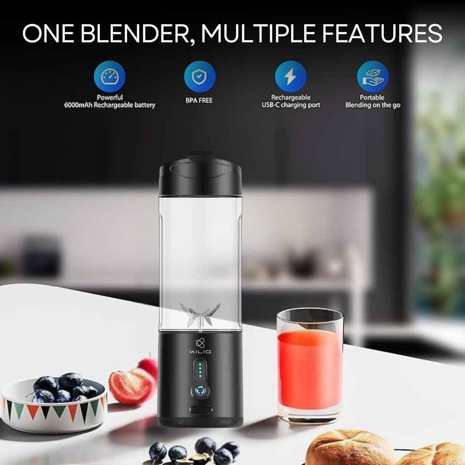 Kilig Vortex Portable Blender | 530ml | 4000 mAh | 6 Sided Blade | 22000 RPM | Black