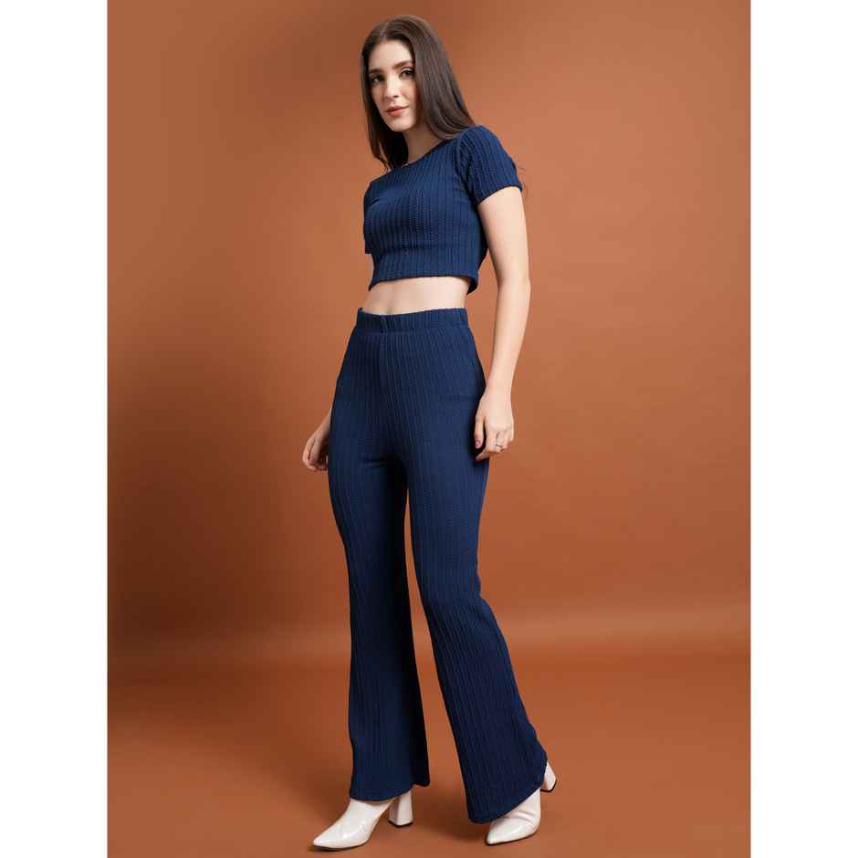 Tokyo Talkies Women's Round Neck Crop Top & Flared Trouser | Navy - S