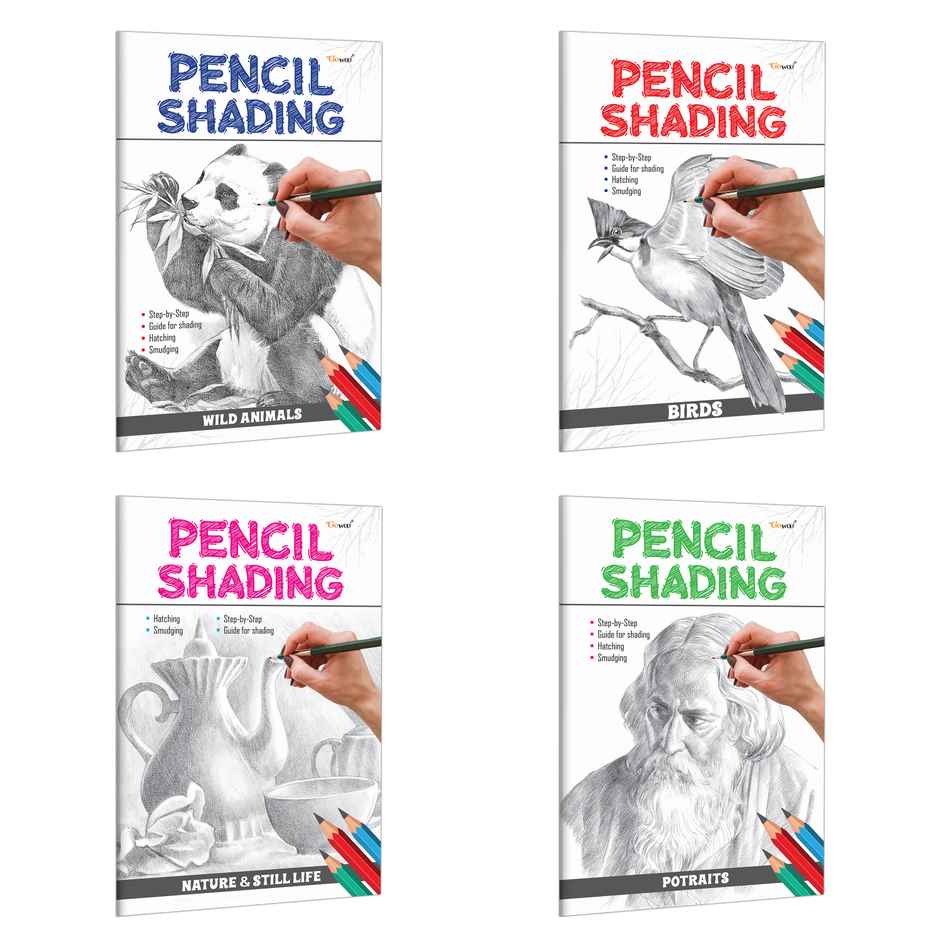 Pencil Shading - Birds | Wild Animals | Nature & Still Life Children Art Book -Pack of 4
