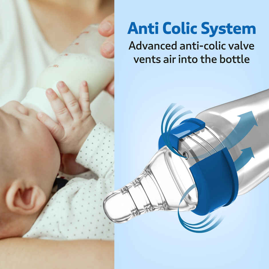 LuvLap Baby Essential Slim Neck Feeding Bottle | Jungle Tales with Anti Colic Nipple | Blue - 125 ml