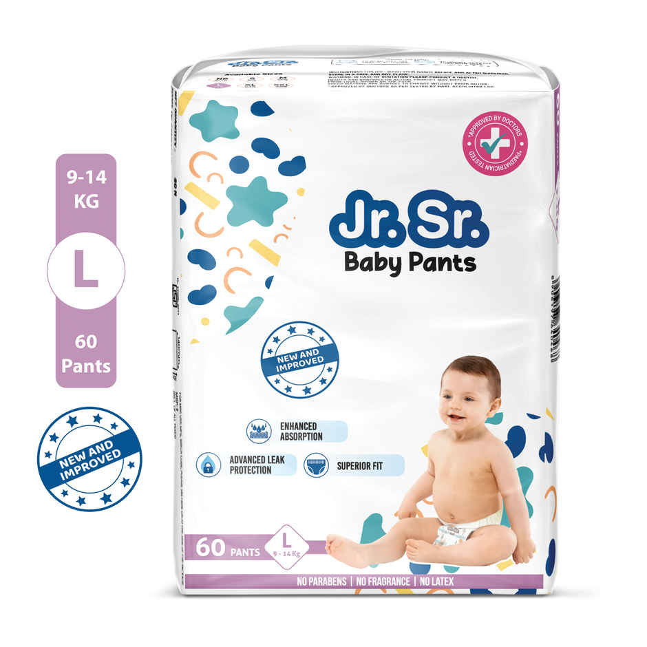 Jr. Sr. Baby Pant Style Diaper | L | 60 pcs | Upto 12 Hours Protection, Wetness Indicator