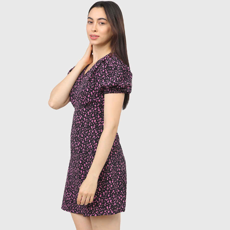 Tokyo Talkies Women's Floral A-Line Mini Dress | Black & Pink - M