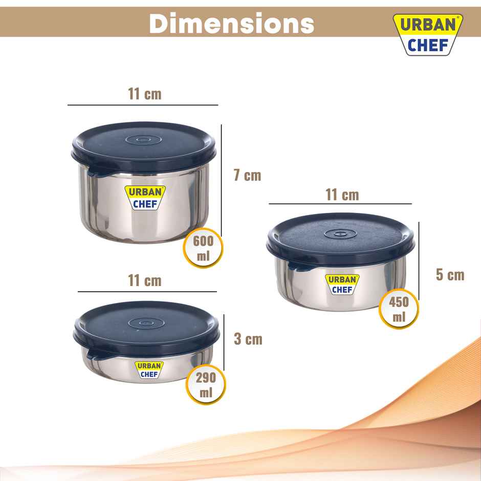 Urban Chef Essential 3 Stainless Steel Containers | 290 |450 |600 Ml Leak Proof | Blue