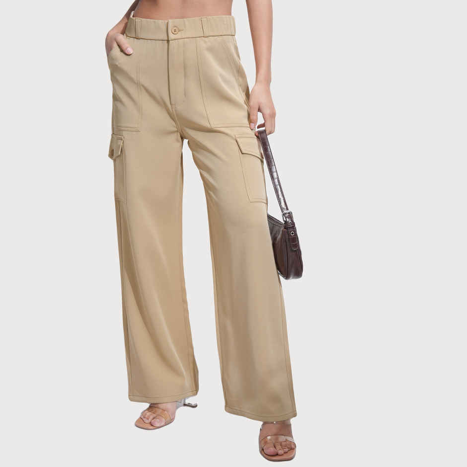 Tokyo Talkies Women's High Rise Straight Fit Cargo Trouser | Khaki - M