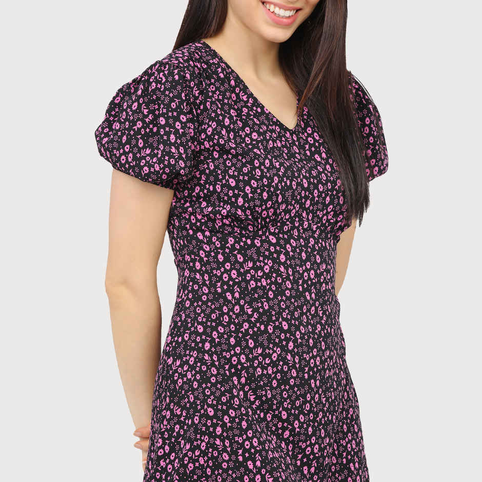 Tokyo Talkies Women's Floral A-Line Mini Dress | Black & Pink - M