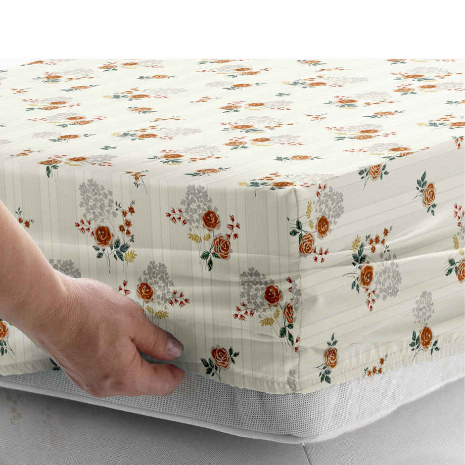 Story@Home Cotton Blend King Fitted 210 TC Floral Bedsheet with 2 Pillow Covers | White & Brown