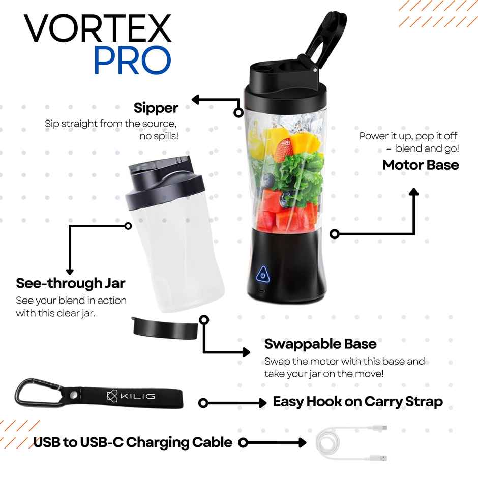 Kilig Vortex Pro 360W Dual Mode Portable Blender | 6000 mAh | 22000 RPM | 6 Sided Blade
