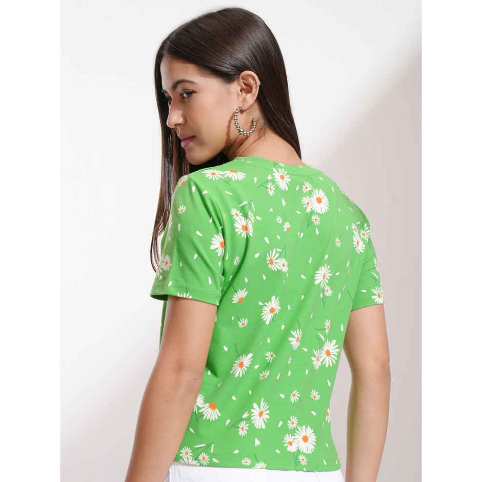 Tokyo Talkies Women's Floral Printed Front Tie Up Crop Top | Green - L