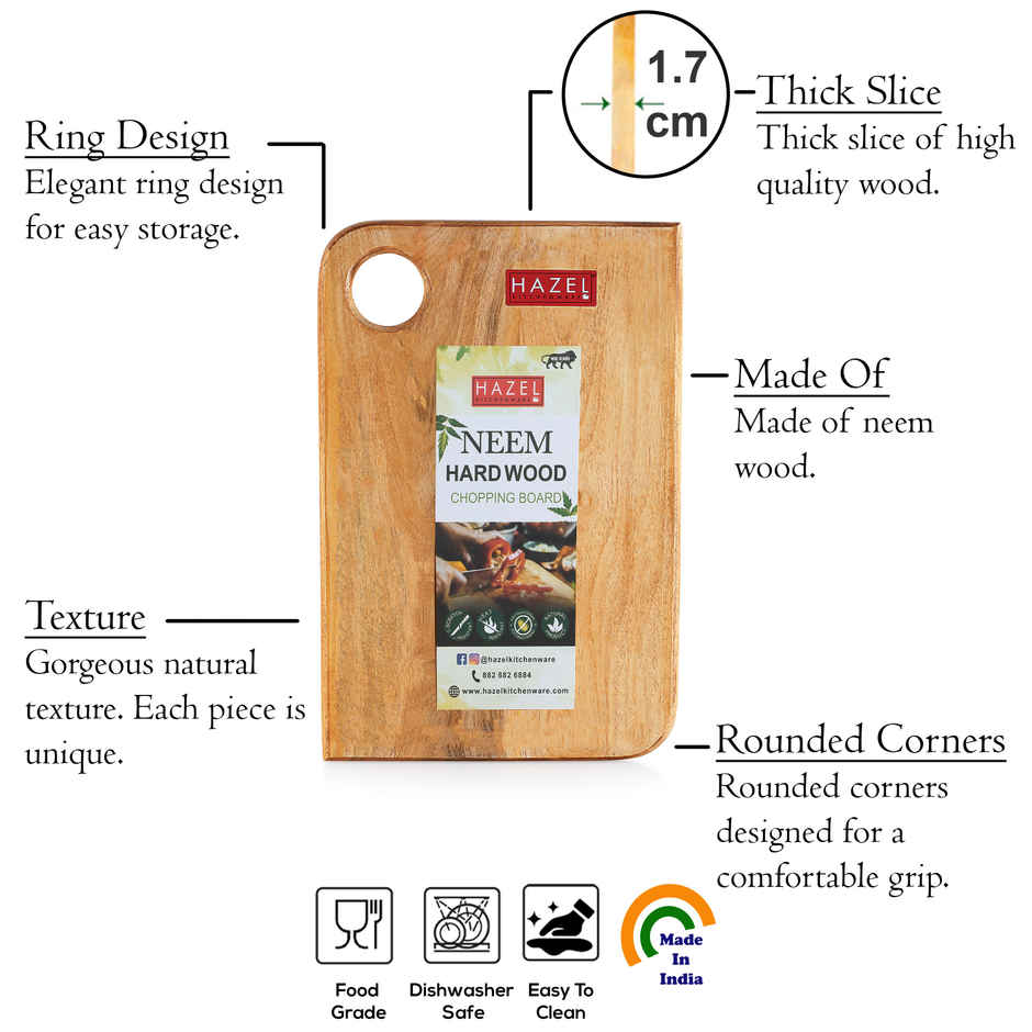 Hazel Wooden Chopping Board, 10 X 7 Inch, Thick Rectangle Shape For Kitchen, Vegetable Cutting Board