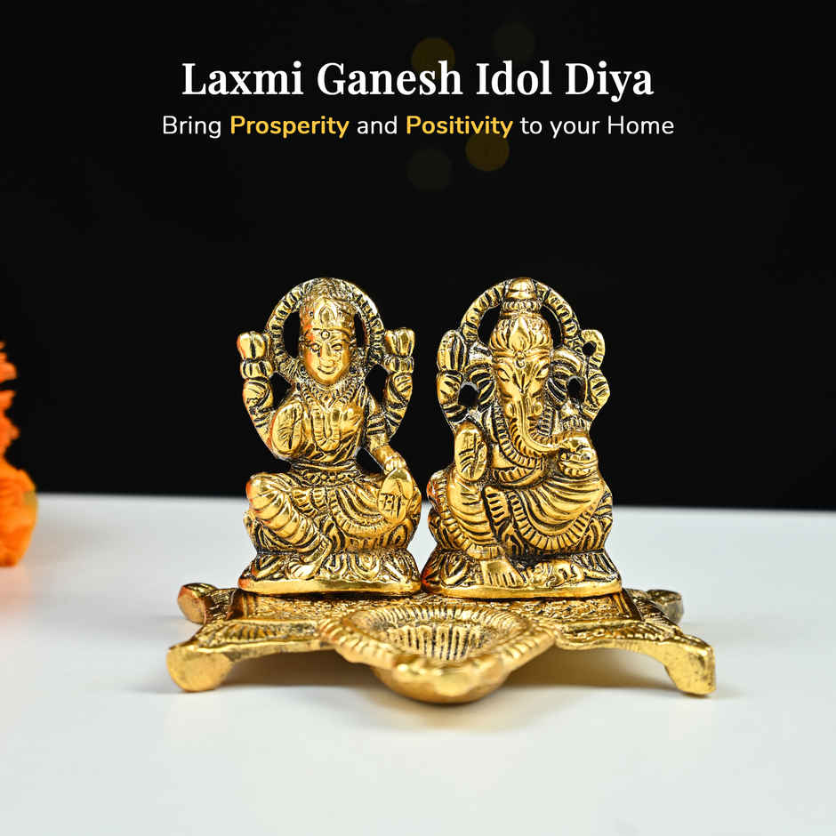 HINDCRAFT Lakshmi Ganesh Idol with Diya | Brass Finish Showpiece for Puja & Diwali Gift