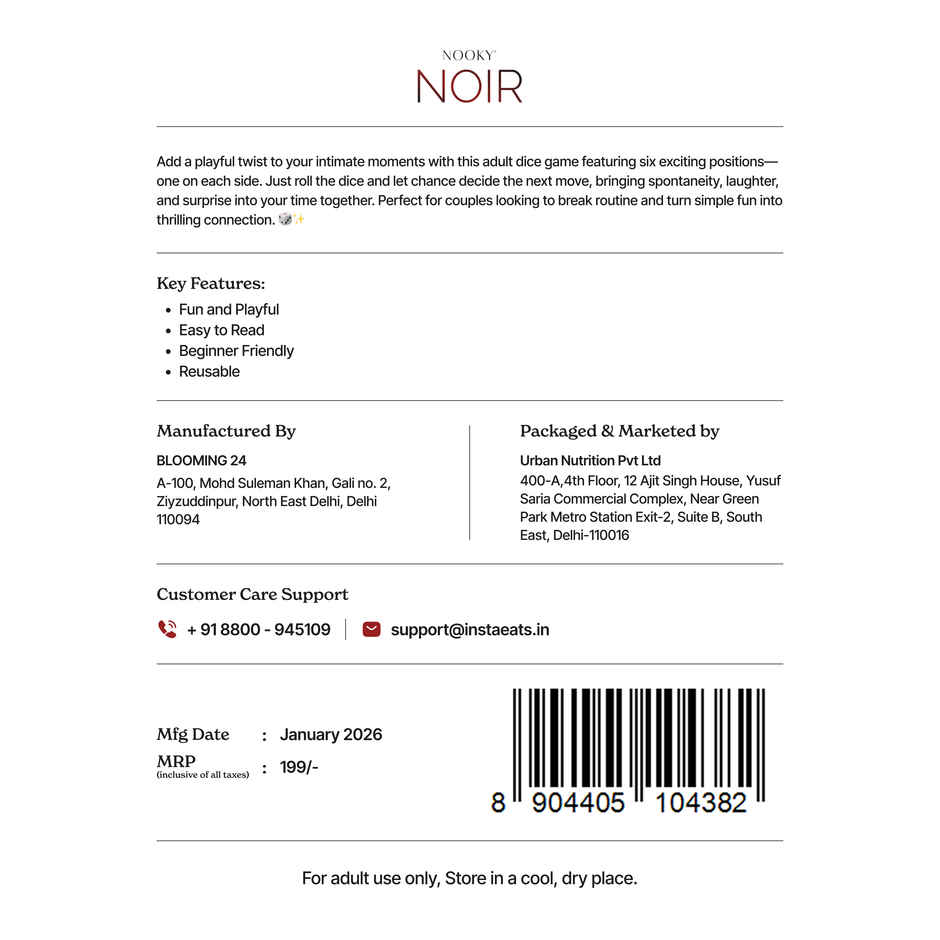 Nooky Noir Intimacy Play Dice Fun Couple Game for Date Nights