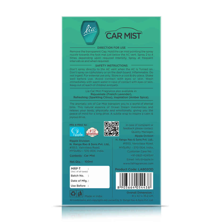 Lia Ocean Dream Car Mist/Spray | Long Lasting Air Freshener for Car | From House of Cycle