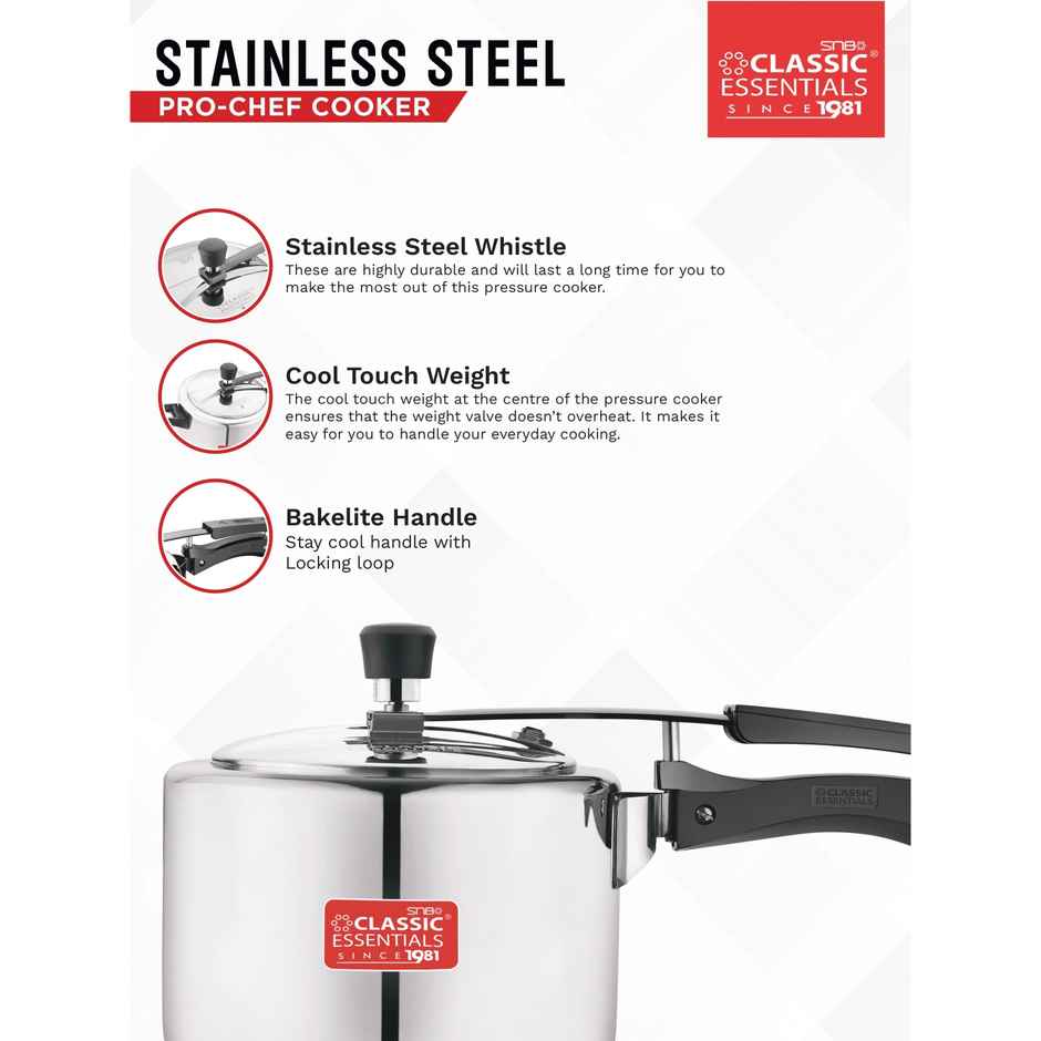 Classic Essentials Prochef Isi Certified 3l Inner Lid Induction Bottom Steel Pressure Cooker