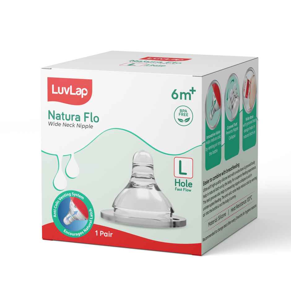 LuvLap Wide Neck Bottle with Anti-Colic Nipple, Soft & Flexible Silicone, 6m+, Fast Flow, BPA Free