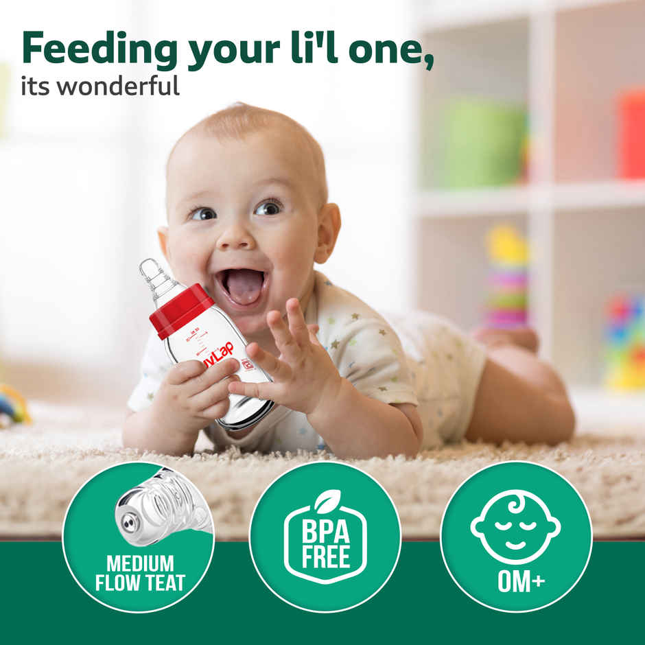 LuvLap Natura Flo Wide Neck Glass Feeding Bottle | Newborn Infants and Toddlers BPA Free | 150 ml