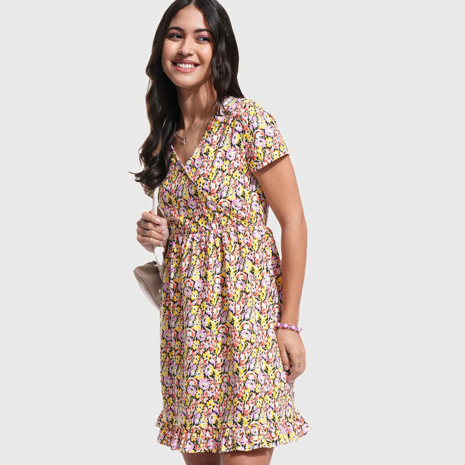Tokyo Talkies Women's Fit & Flare V Neck Mini Rib Dress | Multicolour - L