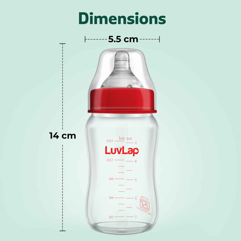 LuvLap Natura Flo Wide Neck Glass Feeding Bottle | Newborn Infants and Toddlers BPA Free | 150 ml