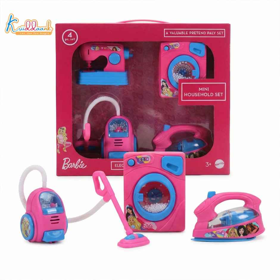 Kriiddaank Barbie 4 pcs Household Set with Toy Iron, Vacuum, Washing & Sewing Machine w/Light &Sound