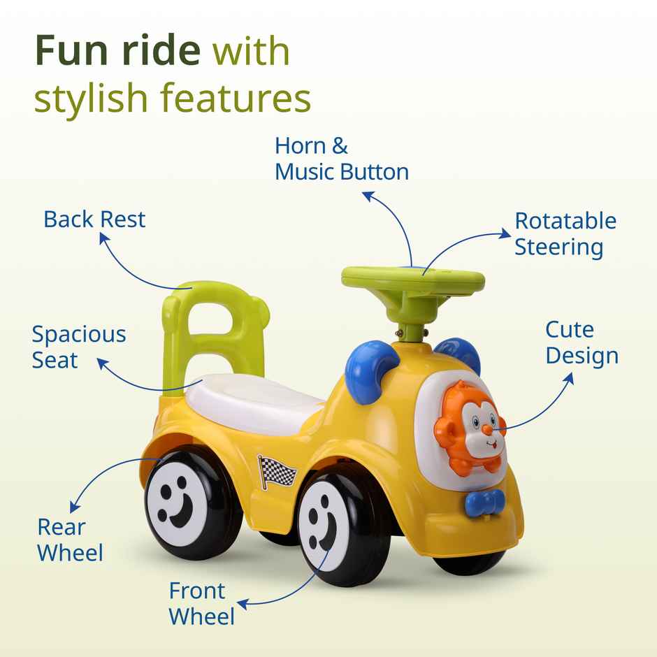 LuvLap Sunny Ride On Car with Music Horn Push Handle Backrest Guard Yellow for Kids 1-3 Years