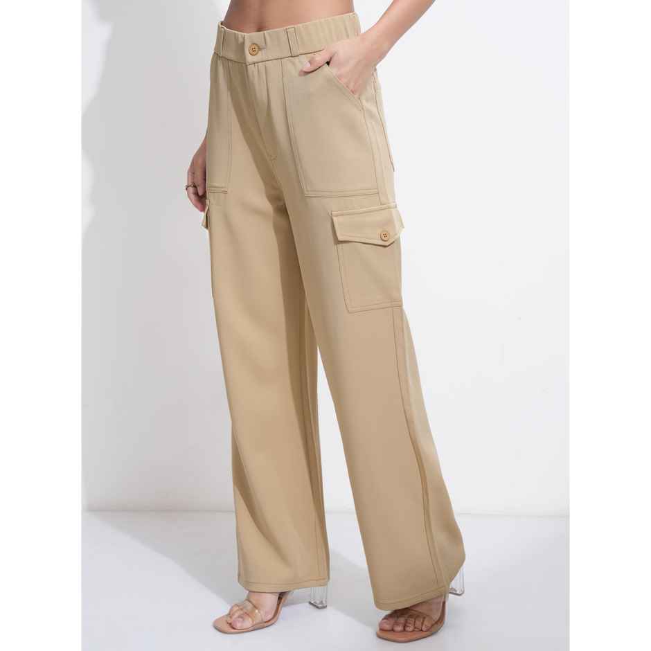 Tokyo Talkies Women's High Rise Straight Fit Cargo Trouser | Khaki - M