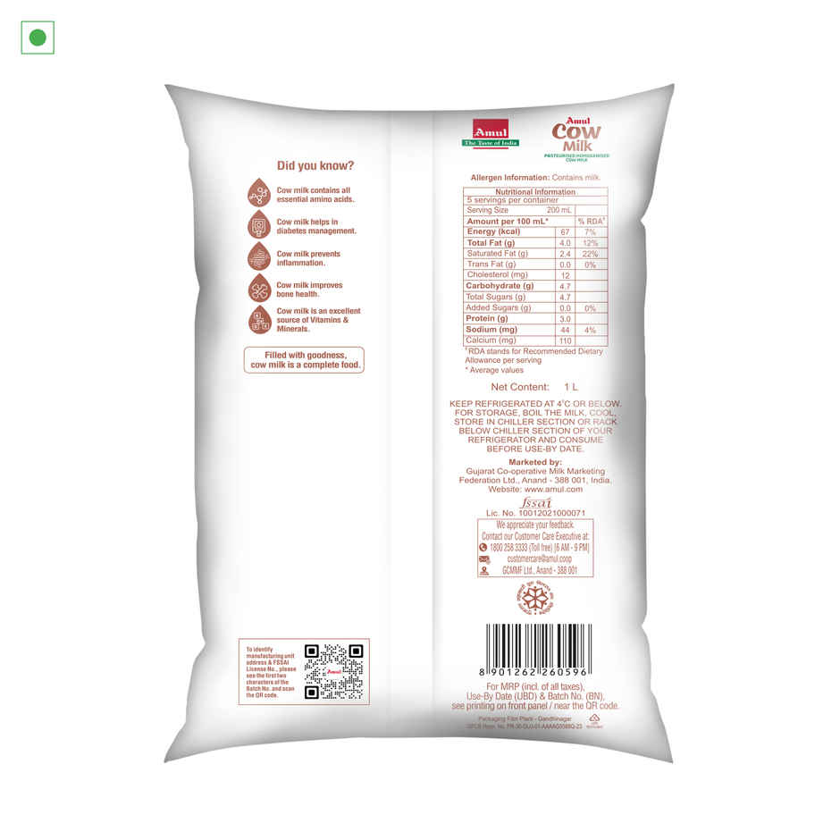 Amul Pasteurised Cow Fresh Milk | Pouch