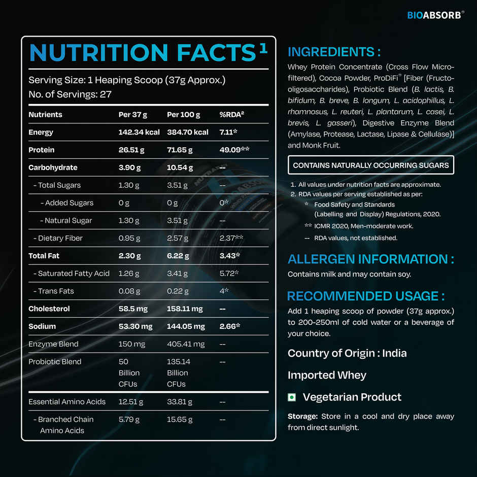 Nutrabay BioAbsorb Whey Protein Powder - Dark Chocolate