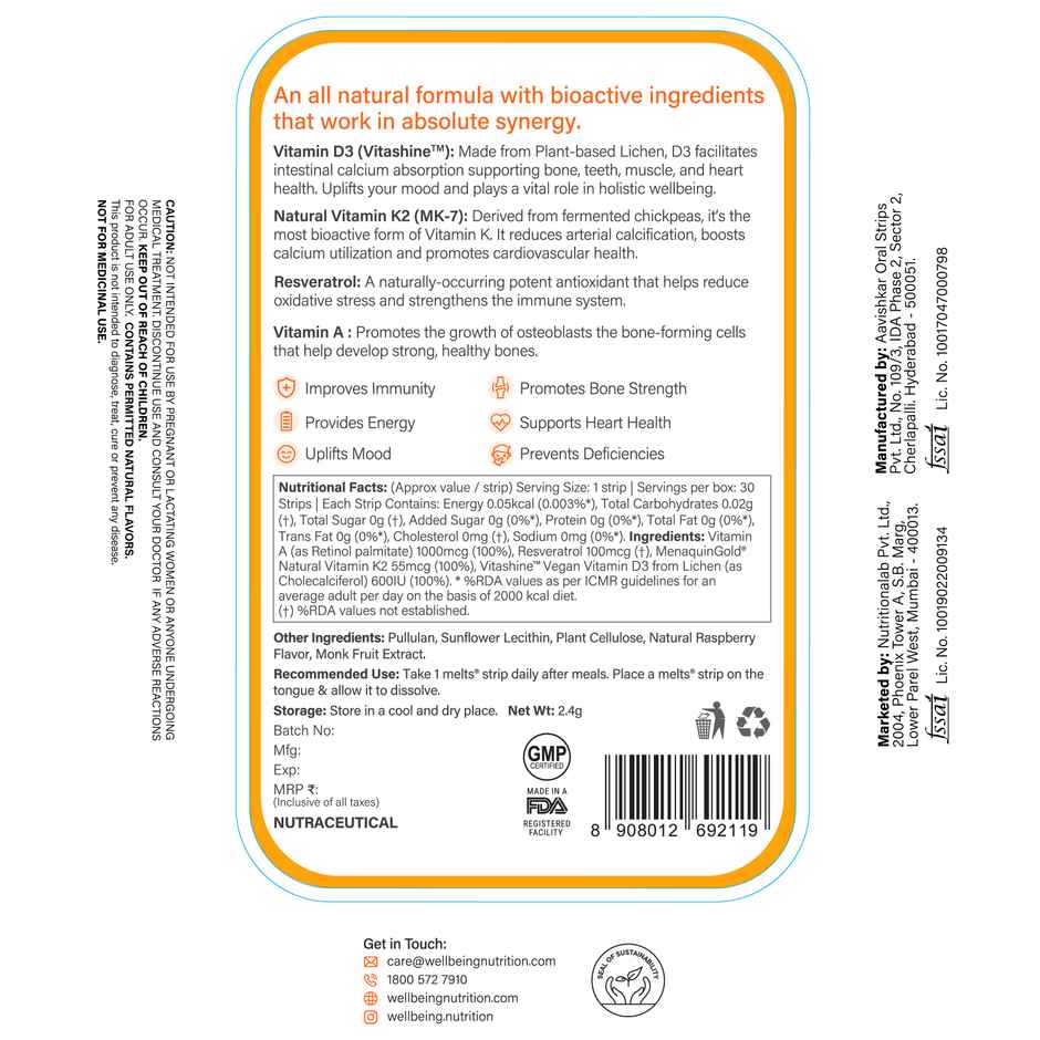 Wellbeing Nutrition Melts Natural Vitamin D3+K2 (MK-7) with Vitashine, Resveterol (30 Strips)