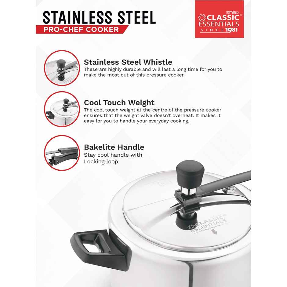 Classic Essentials Prochef Isi Certified 5l Inner Lid Induction Bottom Steel Pressure Cooker
