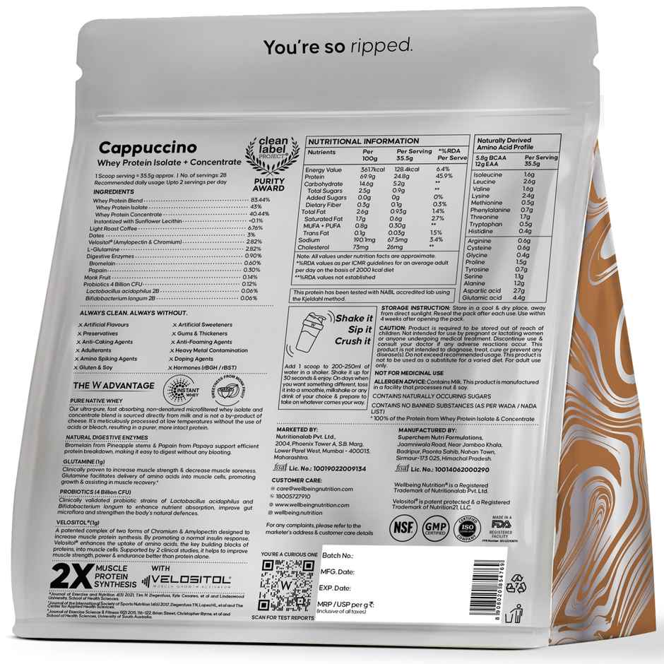 Wellbeing Nutrition Whey Protein Isolate | Concentrate - Cappuccino | 24G Protein - 12G EAA