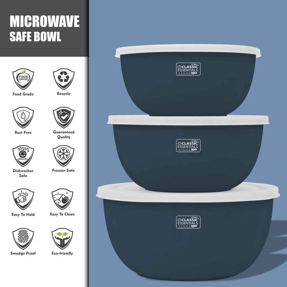 Classic Essentials Stainless Steel Microwave Safe Mixing Bowl Set of 3 Dark Blue