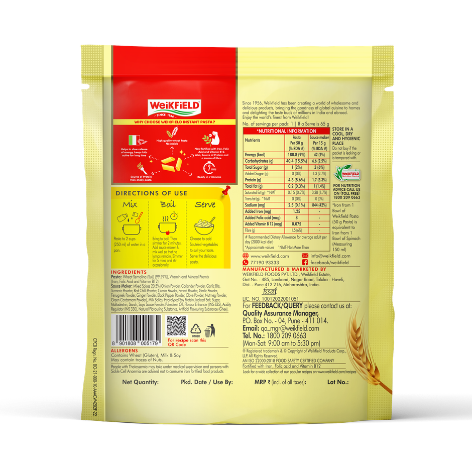 Weikfield Instant Pasta- Masala Twist| Pure Durum Wheat| Rich in Protein