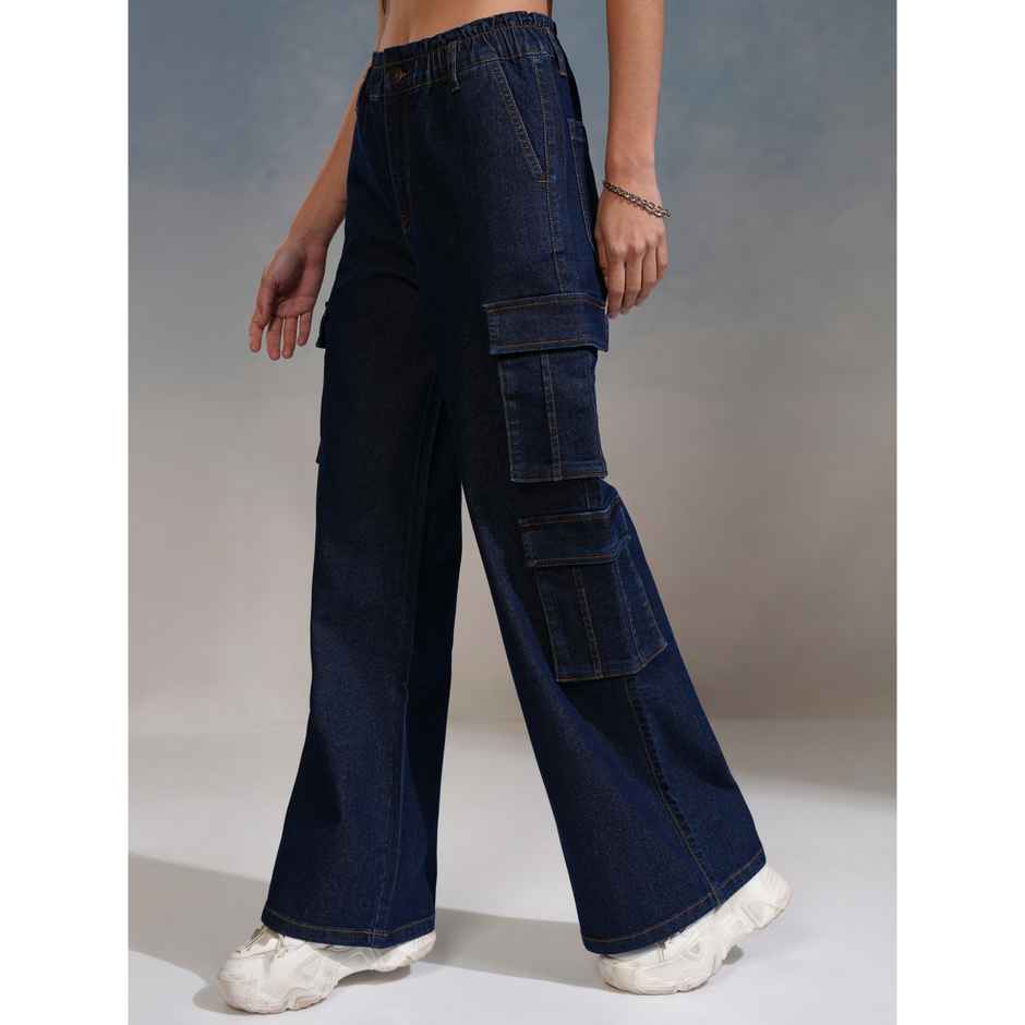 Tokyo Talkies Women's Straight Fit Cargo Jeans | Dark Blue - M