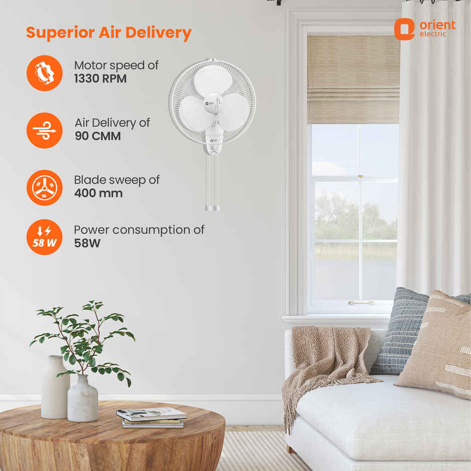 Orient Electric Wall-44 Wall Fan, 400mm, 3 Blade, Silent Operation, Crystal white