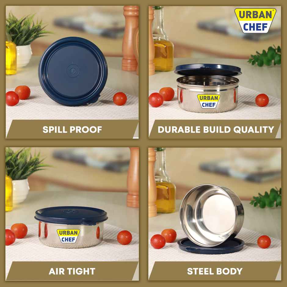 Urban Chef Essential 3 Stainless Steel Containers | 290 |450 |600 Ml Leak Proof | Blue