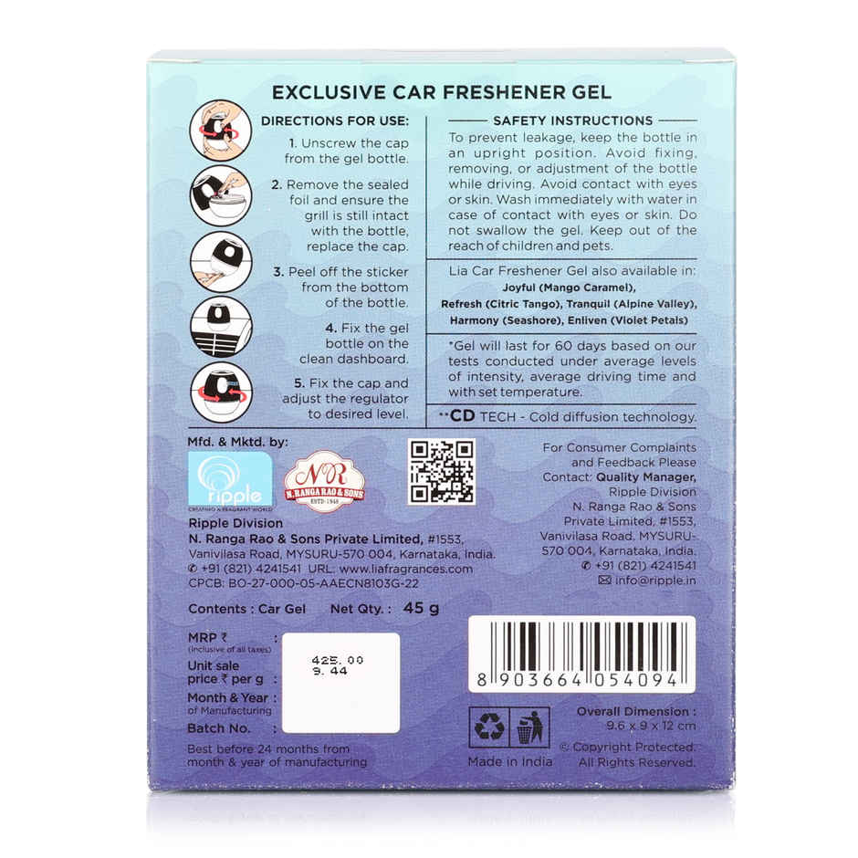 Lia Aqua Dream Car Gel | Long Lasting Air Freshener for Car | From House of Cycle