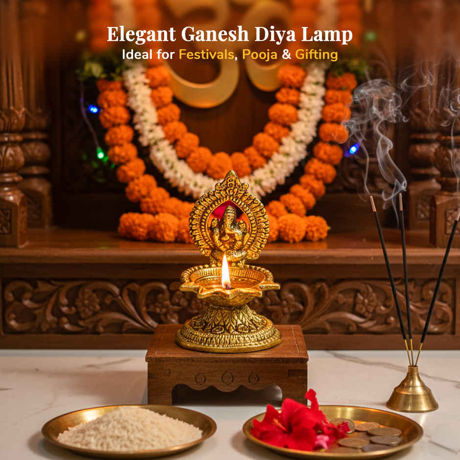 HINDCRAFT Ganesha Brass Diya | Diwali Oil Lamp for Pooja, Home Decor & Festive Gifts