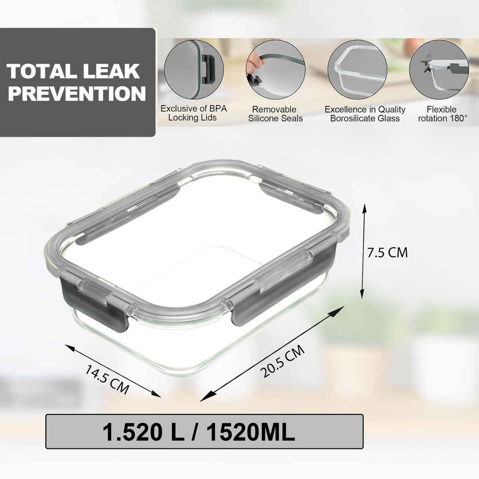 Cutting EDGE 1520ml Borosilicate Glass Lunch Box | Detachable Lock Lid | Microwave Safe | Grey