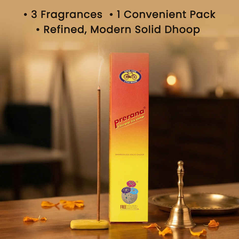Prerana Three in One Bambooless Solid Dhoop Sticks | 42N Sticks, Holder & Matches Included | Cycle