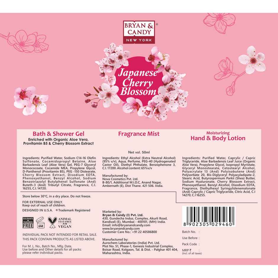 Bryan & Candy Cherry Blossom Bath Kit|Shower Gel|Fragrance Mist|Hand-Body Lotion|Pack Of 3