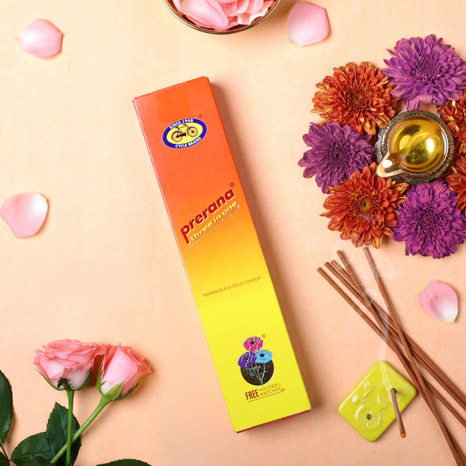 Prerana Three in One Bambooless Solid Dhoop Sticks | 42N Sticks, Holder & Matches Included | Cycle