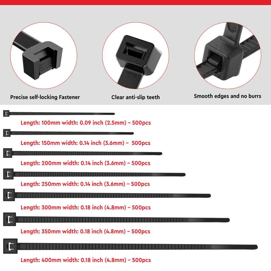 Robustt Cableties - 400 mm x 4.8mm | Black | 100 Pcs