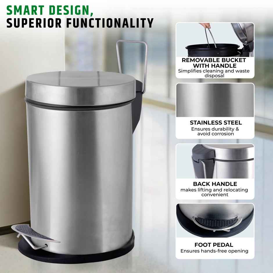 Robustt Stainless Steel Dustbin - 5 L | Silver
