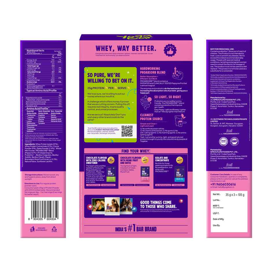 Yogabar Whey Protein Powder, Dark Chocolate, Monk Fruit & Dates, 25g Protein/Serve