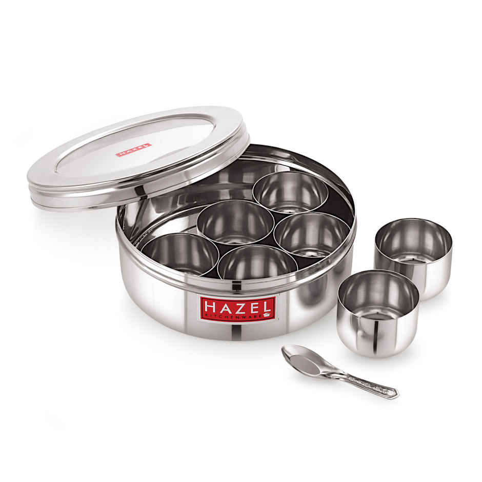 Hazel Stainless Steel Masala Dabba, See-Through Spice Box With 7 Wati & Spoon