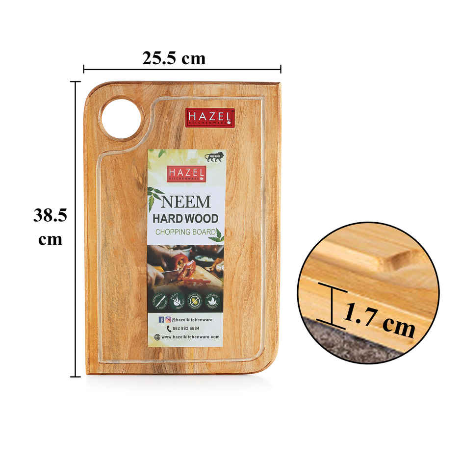 Hazel Neem Wood Chopping Board, 10X15 Inch, Rectangle, Thick Wooden Cutting Board