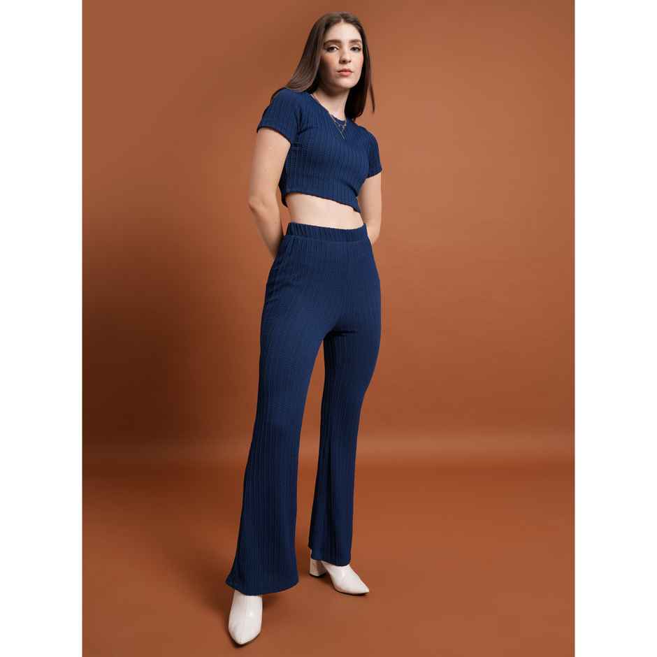 Tokyo Talkies Women's Round Neck Crop Top & Flared Trouser | Navy - S