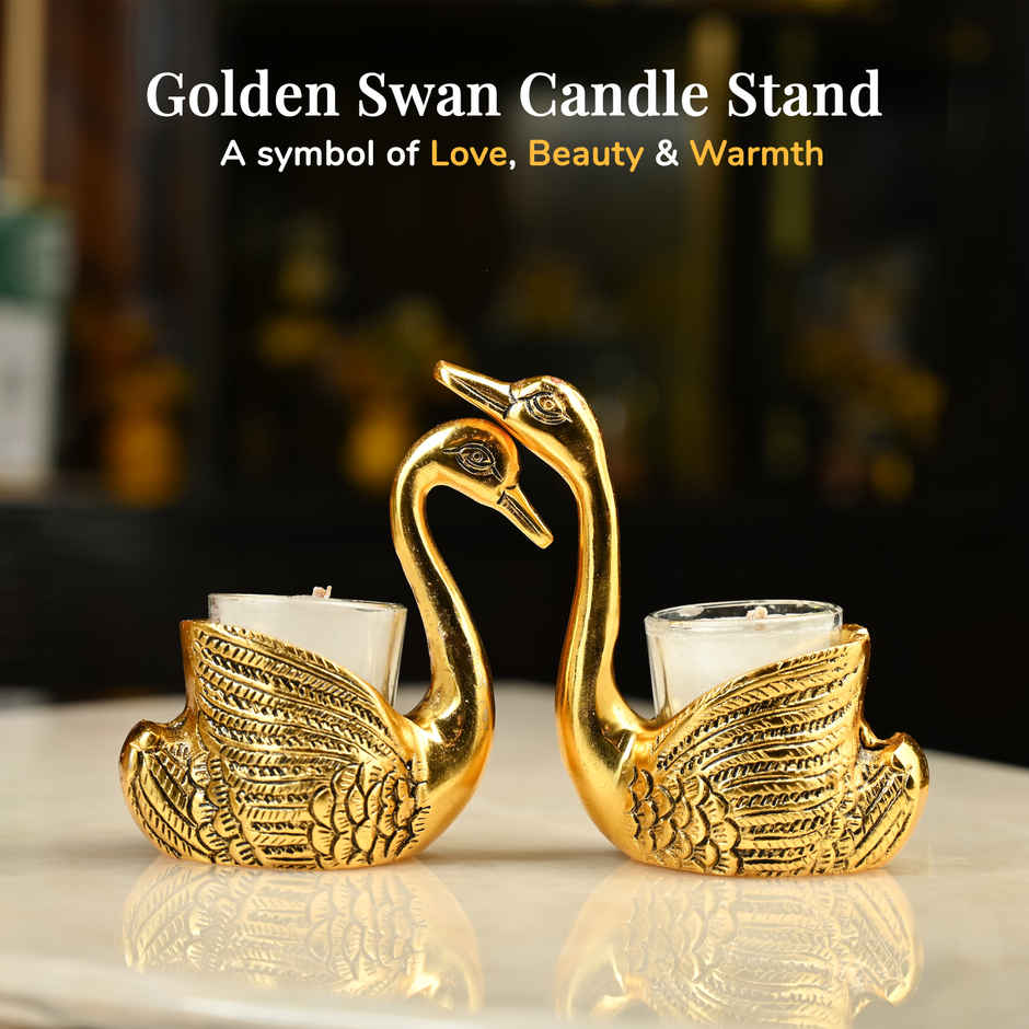 HINDCRAFT Pair of Golden Swan Candle Holders Tabletop Stand Gift for Love & Luck