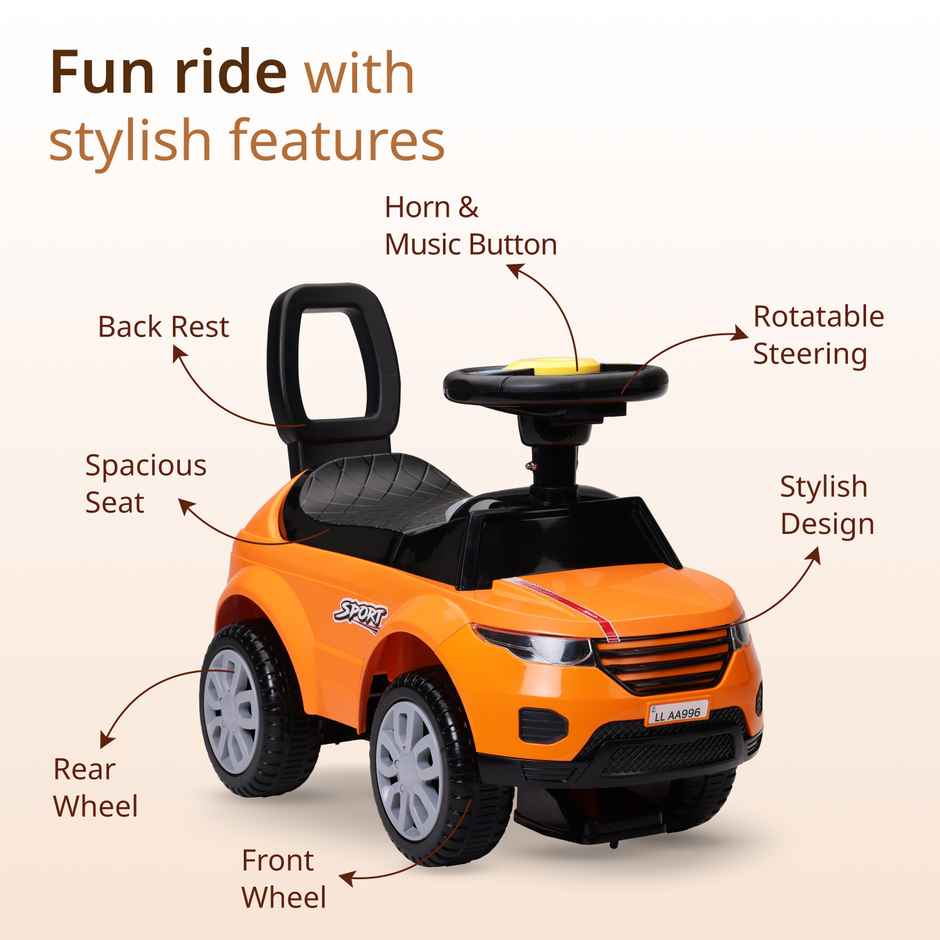 LuvLap Starlight Ride On Car with Music Horn Push Handle Backrest Guard Orange for Kids 1-3 Years